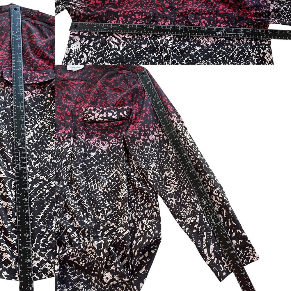 Calvin Klein Women XL Red Black Snakeskin Print Roll Tab Sleeve Button Front Top - Picture 5 of 16